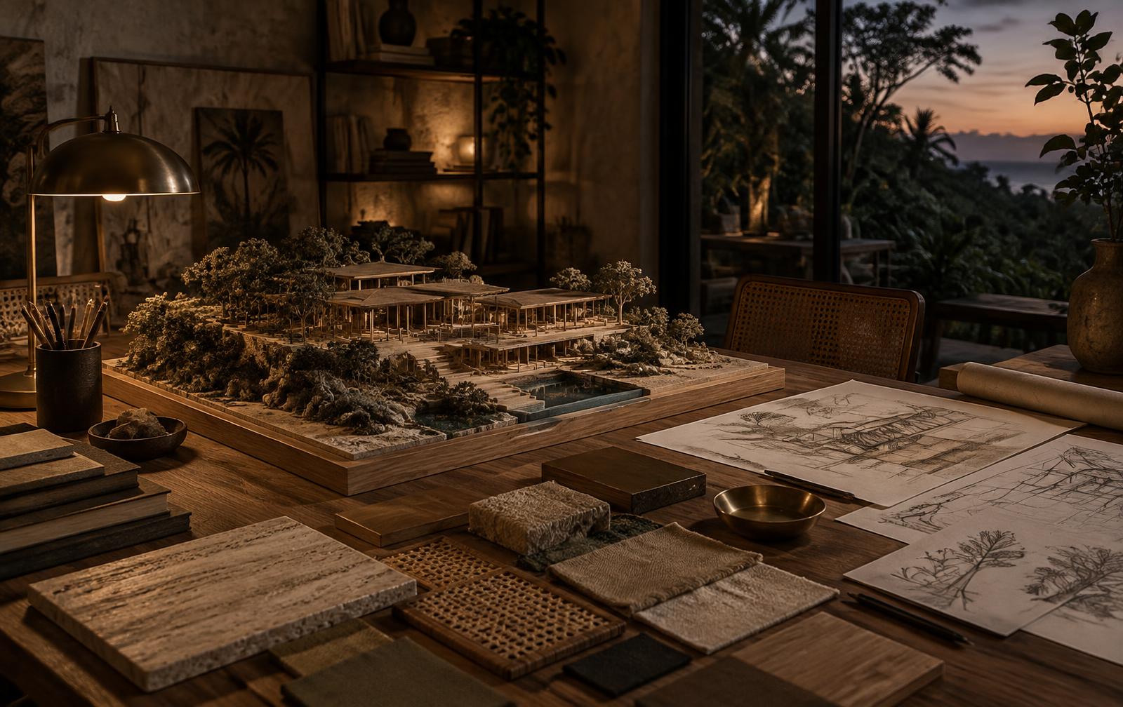 Desarrollo de conceptos hoteleros por Affinity Consulting — maqueta arquitectónica con muestras de materiales bajo luz cálida