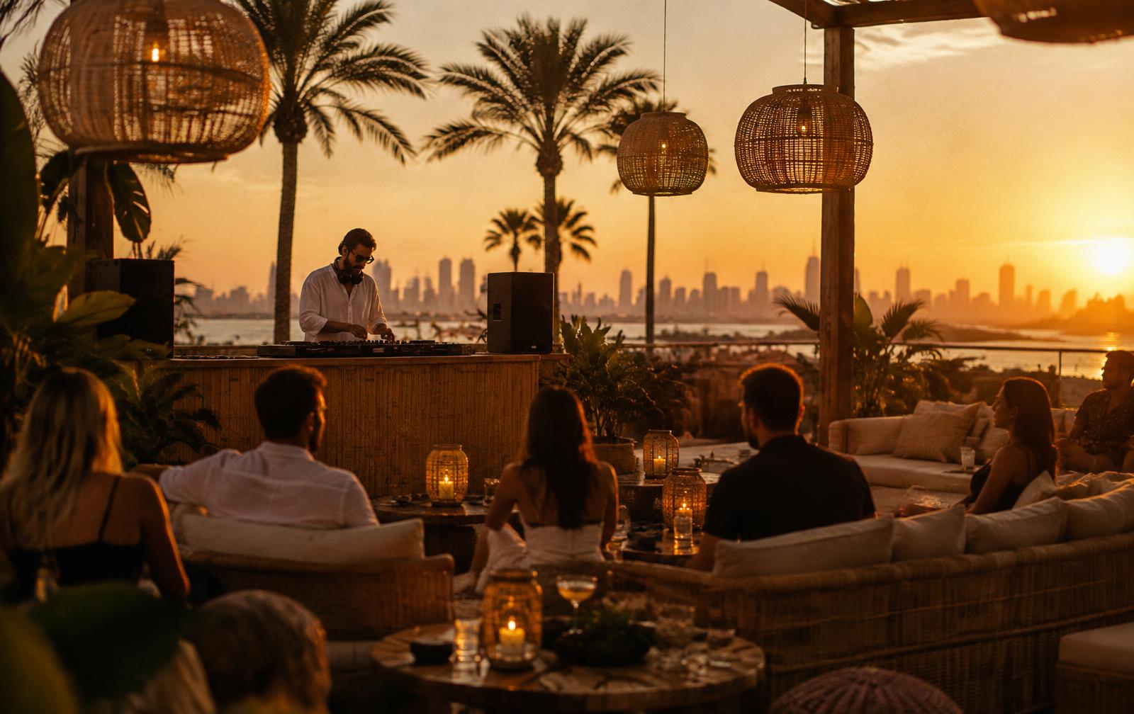 A DJ performing at golden hour on a boutique hotel terrace while seated guests listen beneath rattan lanterns