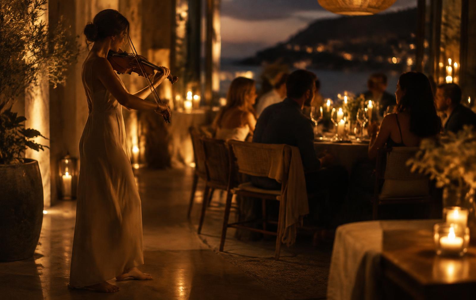 A violinist performing live beside a candlelit dinner table at a boutique hotel restaurant while guests talk in soft focus