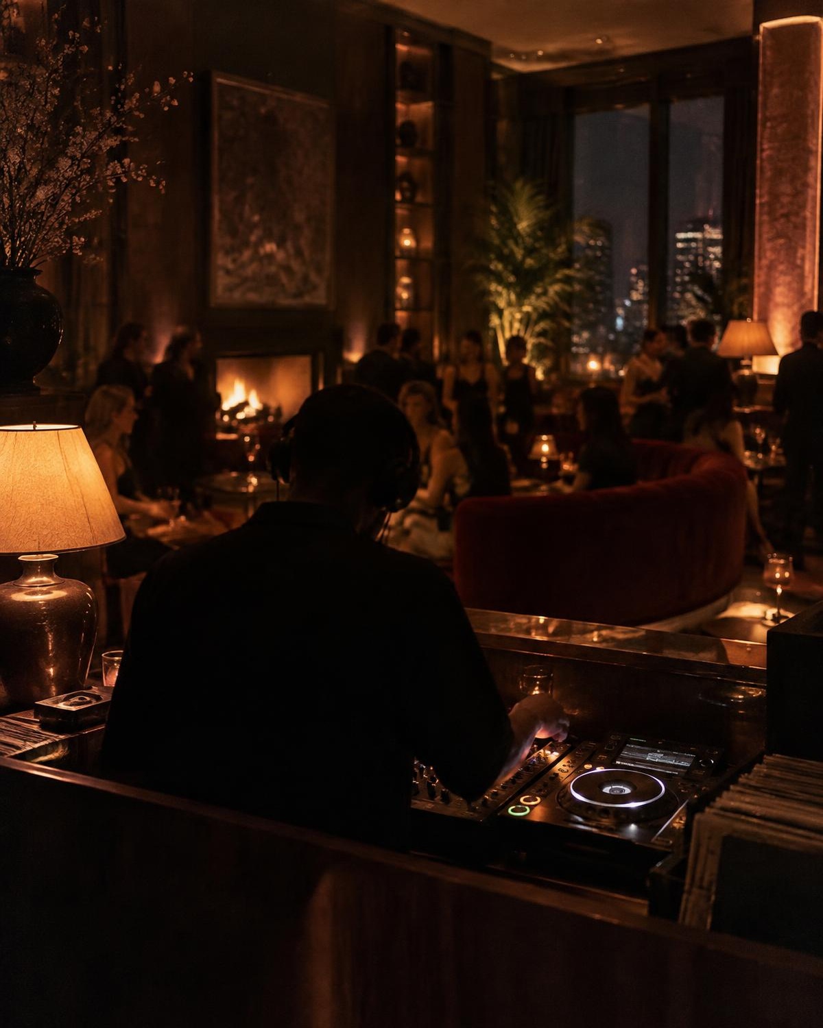 A silhouetted DJ performing in a warm late-night boutique hotel lounge